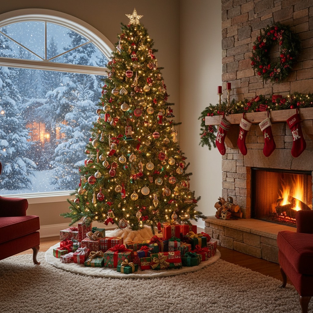 A warmly lit living room features a tall Christmas tree decorated with lights and ornaments, surrounded by wrapped presents, with a lit fireplace and a snowy window scene in the background.